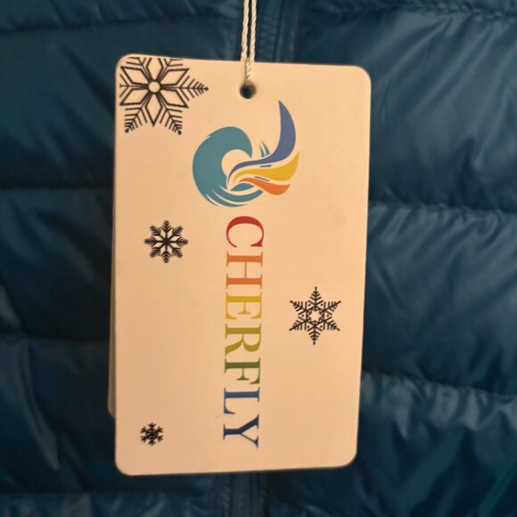 Cherfly Down Puffer Jacket with Attached Hood Large Turquoise NWT - Picture 4 of 6